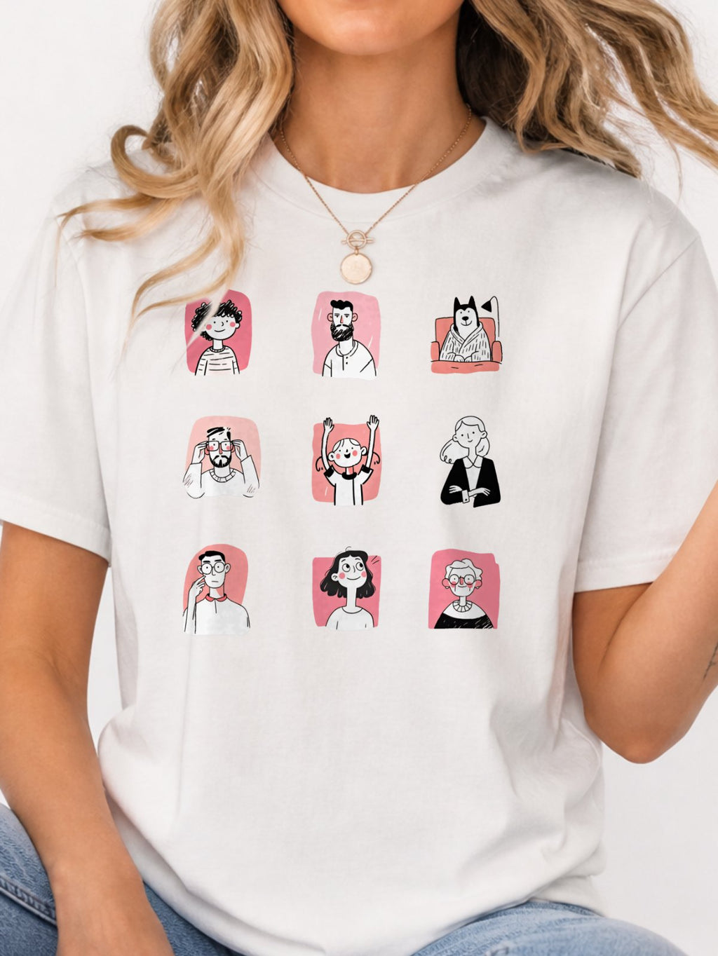 Cute Cartoon People Characters T-Shirt - White Model