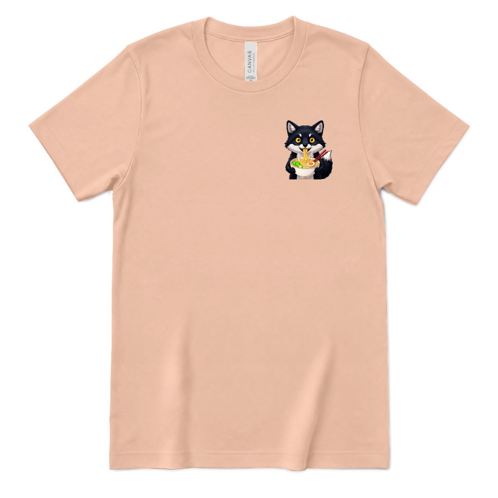 Cute Wolf Eating Ramen Pocket Print Tee, Kawaii Noodle Lover Shirt, Small Graphic T‑Shirt, Anime Food Tee, Casual Minimal Animal Top - Peach Front