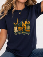 Halloween Ghost Black Cat Pumpkin Bat Graphic T-Shirt - Navy Model