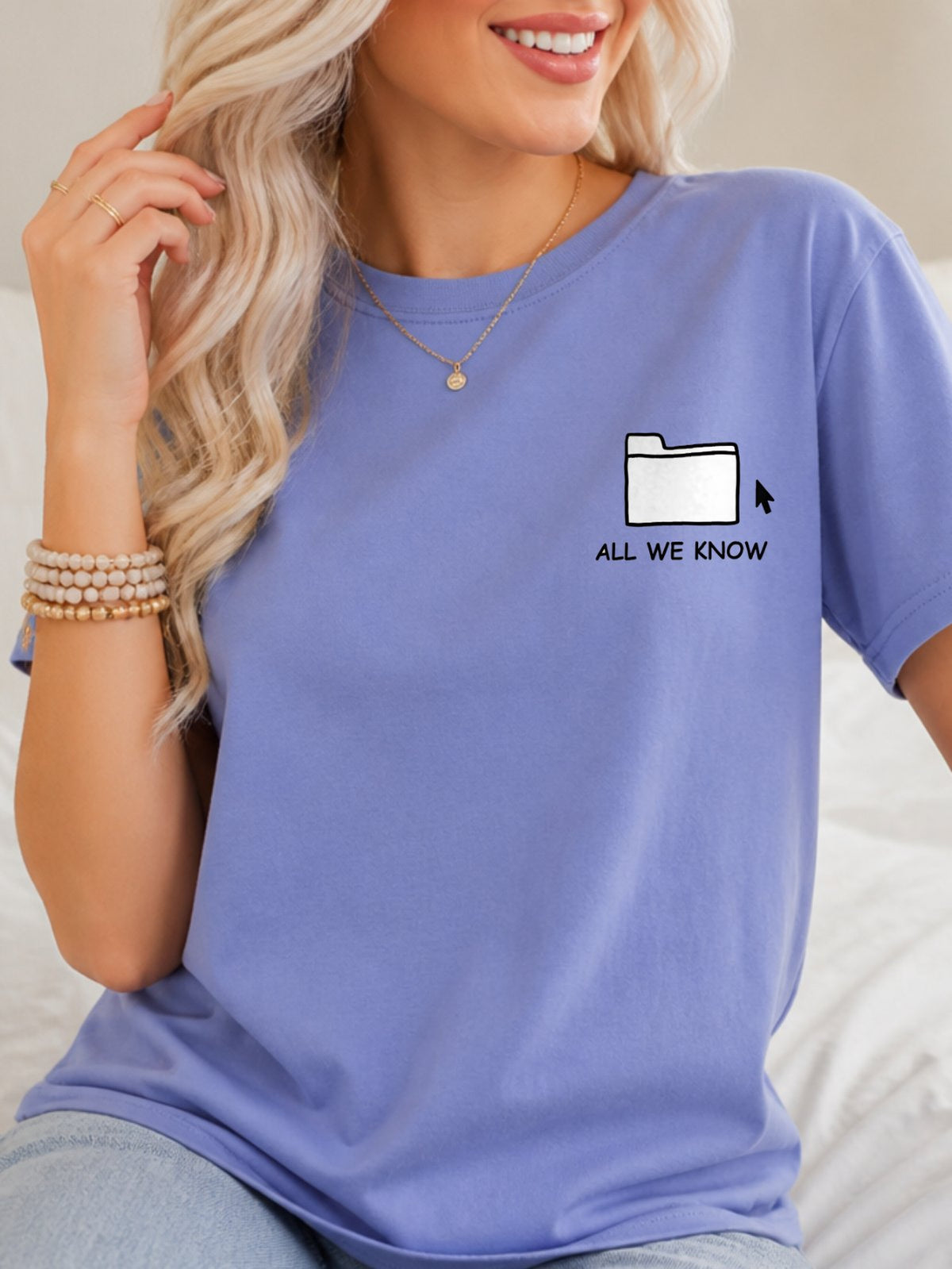 All We Know Folder Doodle Graphic T-Shirt - Violet Model