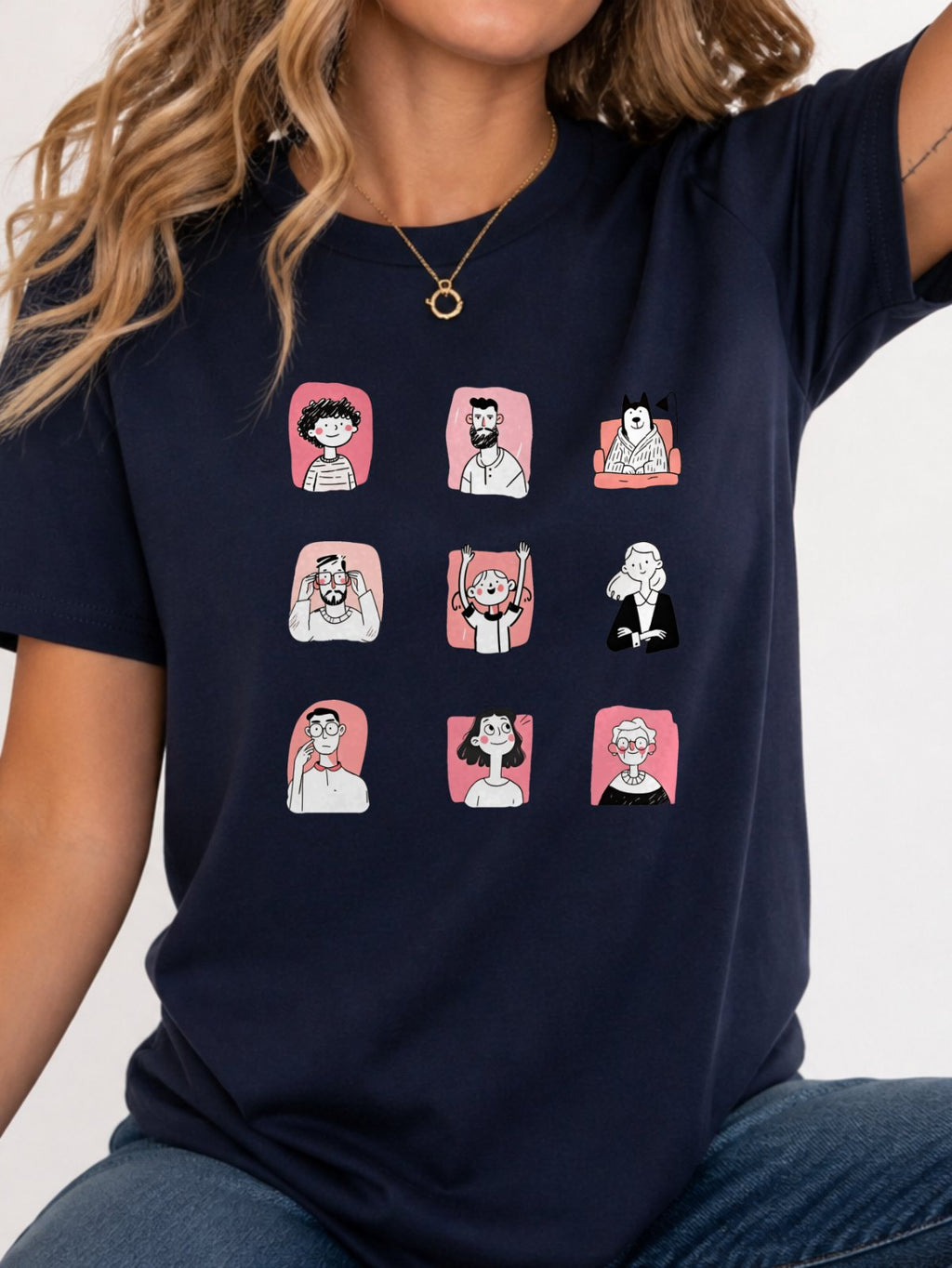 Cute Cartoon People Characters T-Shirt - Navy Model