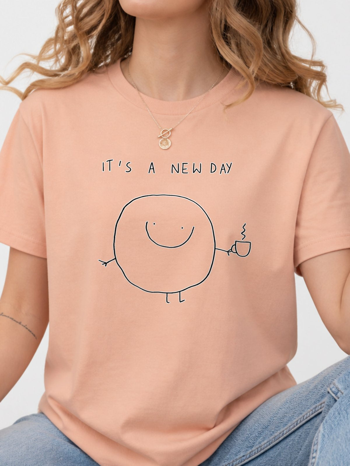 It's A New Day Coffee Cartoon Doodle Graphic T-Shirt - Dusty Rose Model