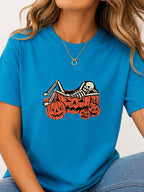 Skeleton Chilling In Pumpkin Graphic Tee - Sapphire Model