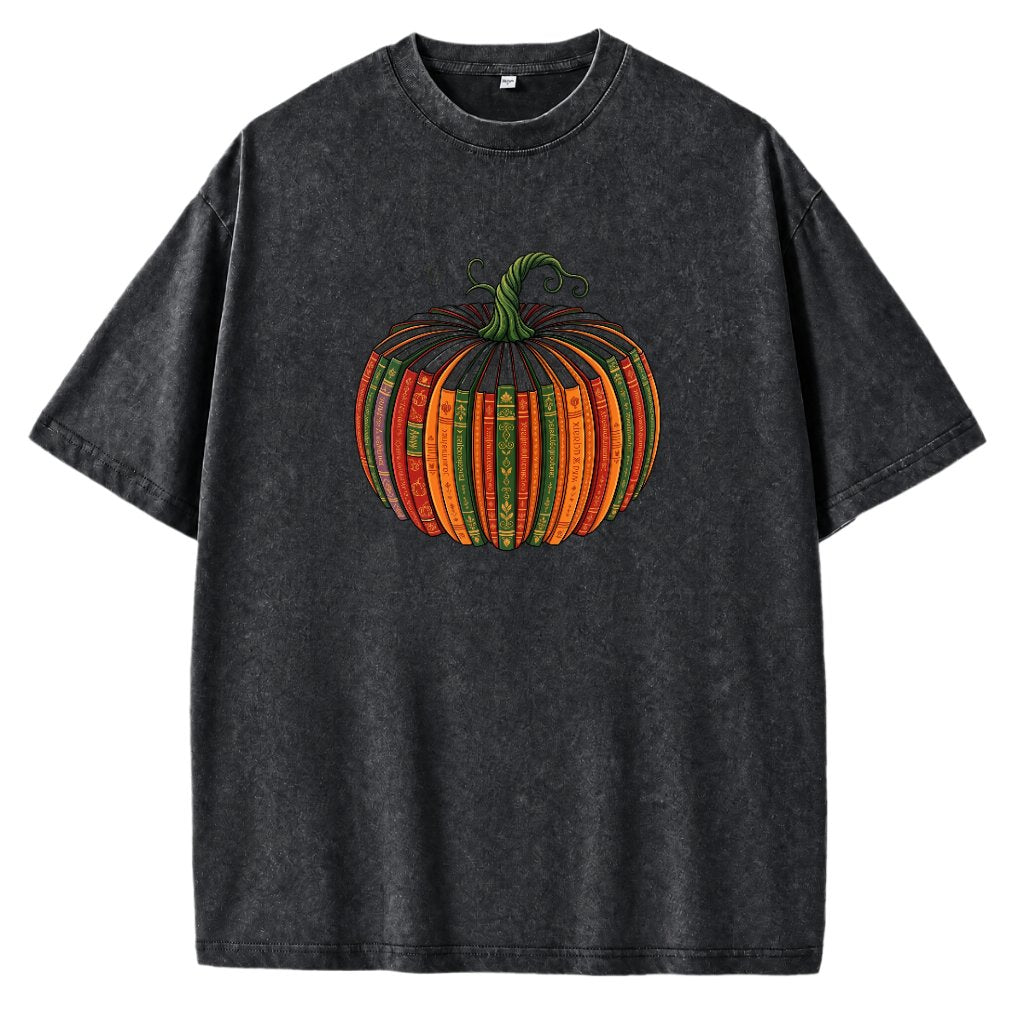 Colorful Antique Book Pumpkin Fall Graphic Oversized T Shirts for Women Men Vintage Washed Unisex Tees, Drop Shoulder Retro Soft Casual Streetwear Crew Neck Tops - Black Front