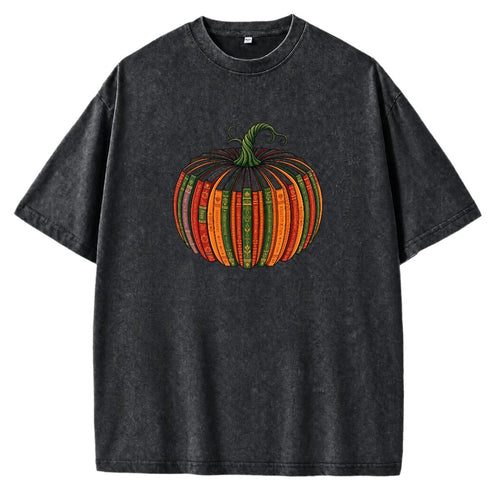 Colorful Antique Book Pumpkin Fall Graphic Oversized T Shirts for Women Men Vintage Washed Unisex Tees, Drop Shoulder Retro Soft Casual Streetwear Crew Neck Tops - Black Front