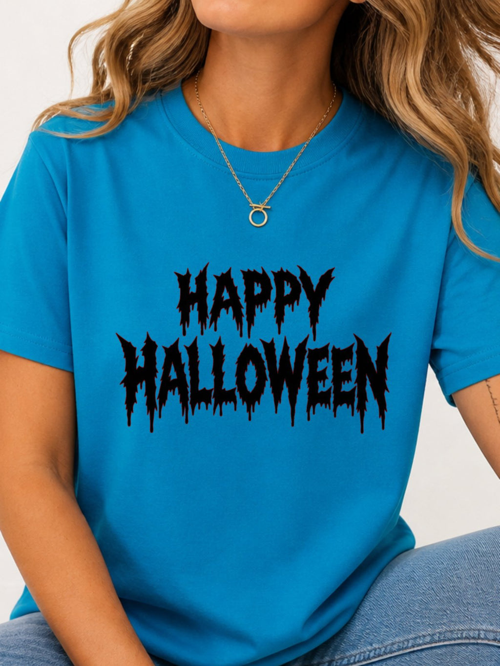 Happy Halloween Metal Text Graphic T-Shirt - Sapphire Model