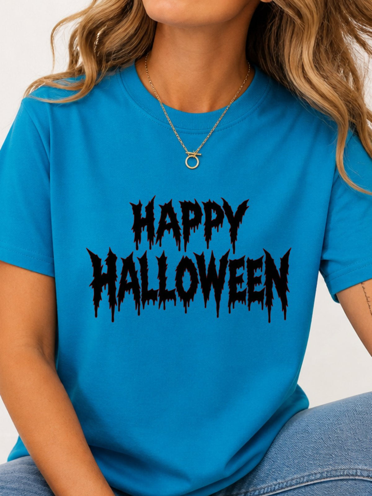 Happy Halloween Metal Text Graphic T-Shirt - Sapphire Model