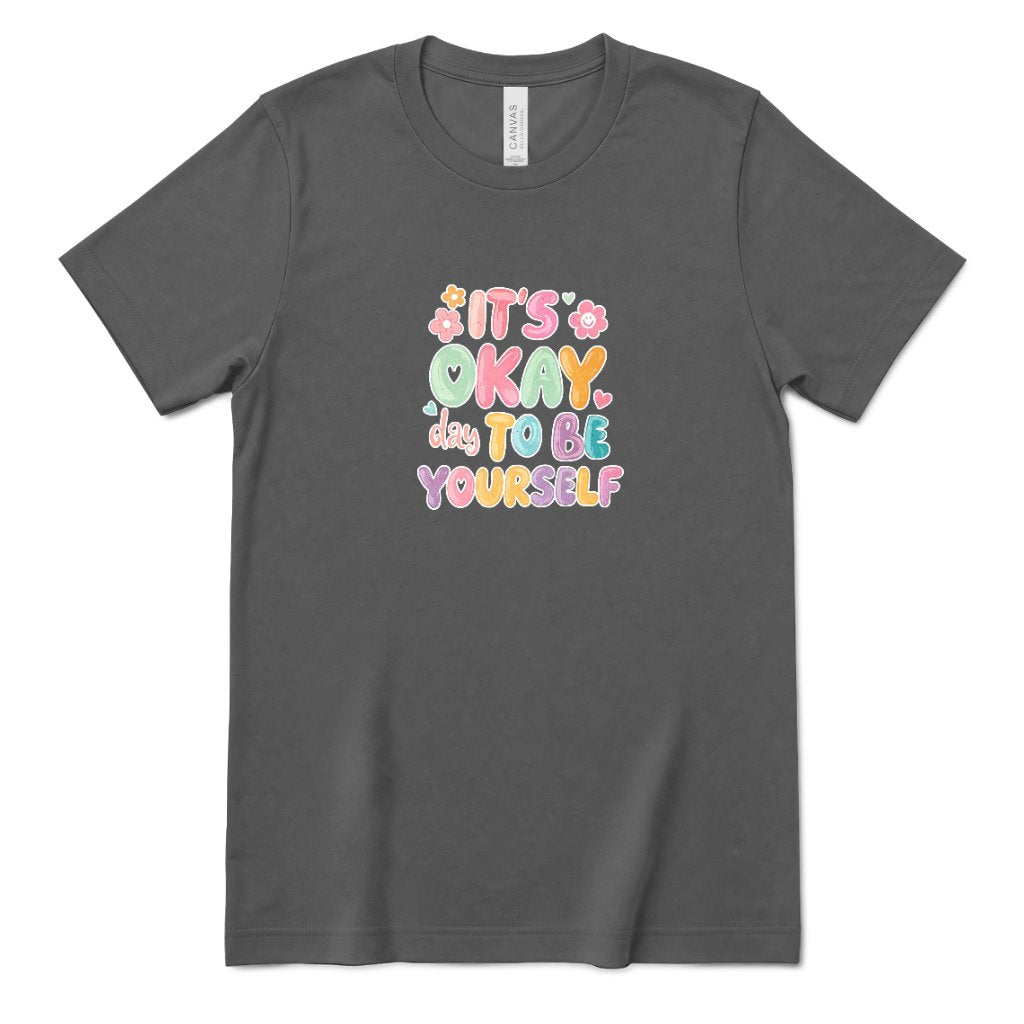 Retro Bubble Letter Positive Tee, Self Acceptance Graphic T‑Shirt, Mental Health Awareness, Be Kind To Yourself Top - Asphalt Front