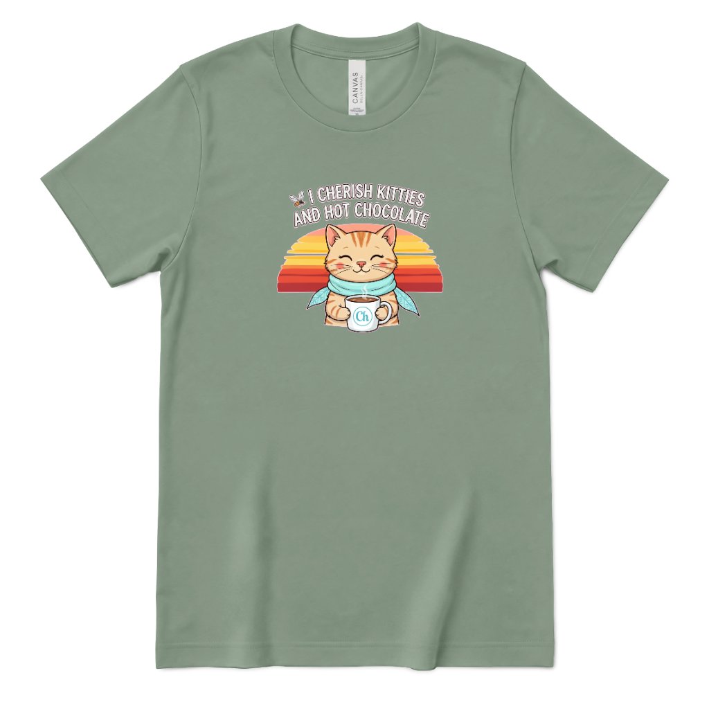 Retro Sunset Cat Tee, Cozy Fall Cat Lover T‑Shirt, Hot Chocolate Graphic Tee, Kitty Owner Gift Top - Sage Front