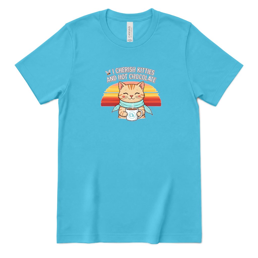 Retro Sunset Cat Tee, Cozy Fall Cat Lover T‑Shirt, Hot Chocolate Graphic Tee, Kitty Owner Gift Top - Turquoise Front
