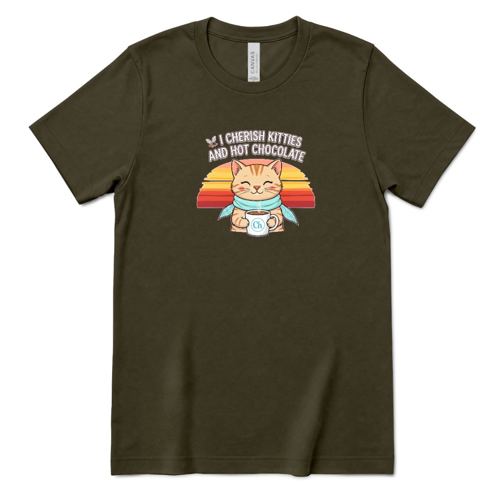 Retro Sunset Cat Tee, Cozy Fall Cat Lover T‑Shirt, Hot Chocolate Graphic Tee, Kitty Owner Gift Top - Army Front