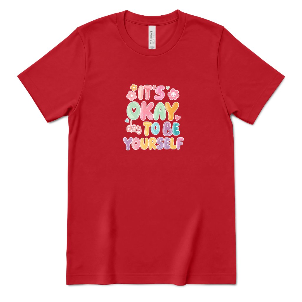 Retro Bubble Letter Positive Tee, Self Acceptance Graphic T‑Shirt, Mental Health Awareness, Be Kind To Yourself Top - Canvas Red Front