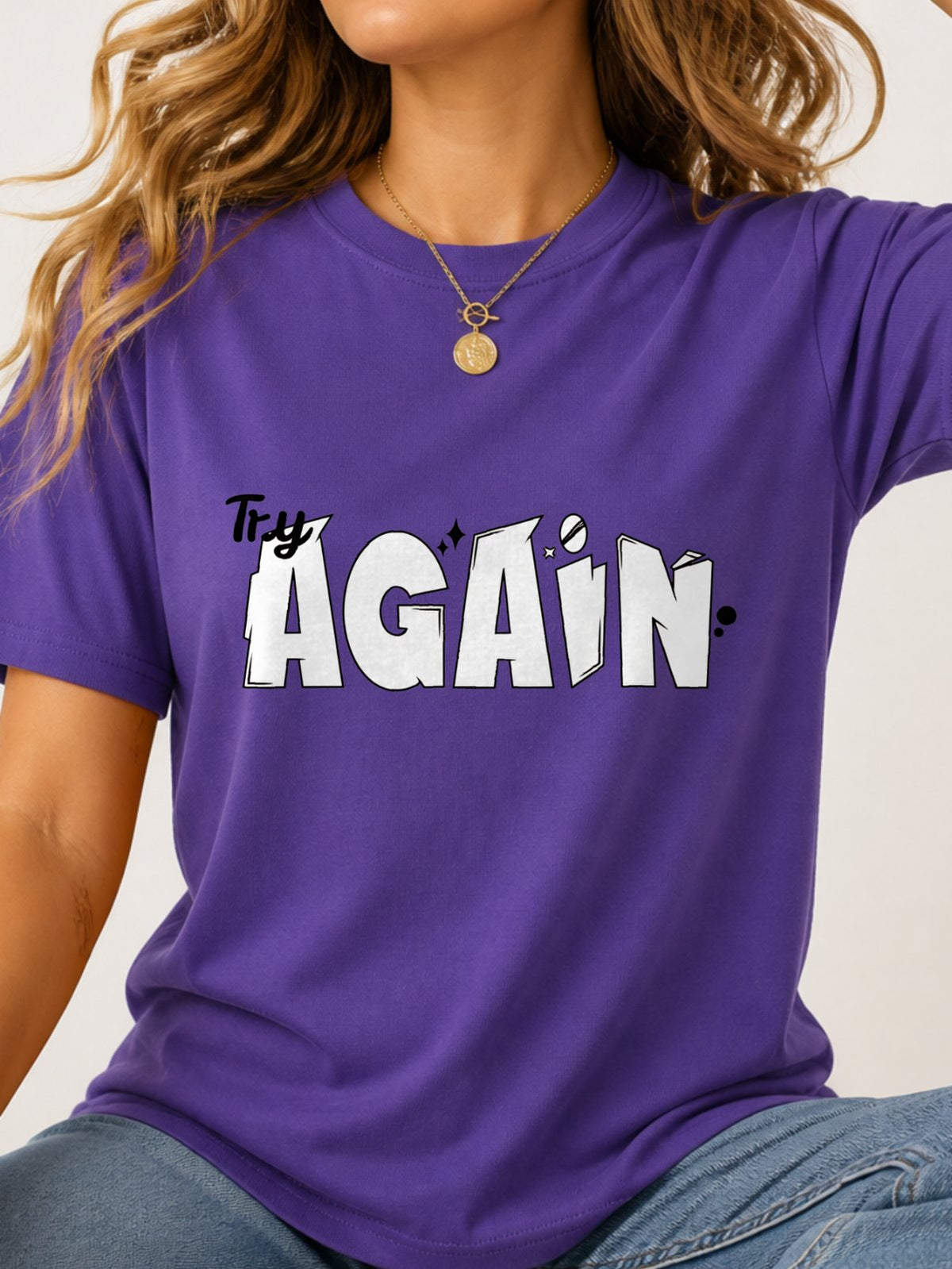 Try Again Cartoon Text Quote Graphic T-Shirt - Lilac Model