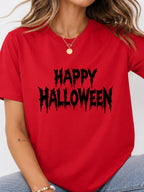 Happy Halloween Metal Text Graphic T-Shirt - Red Model