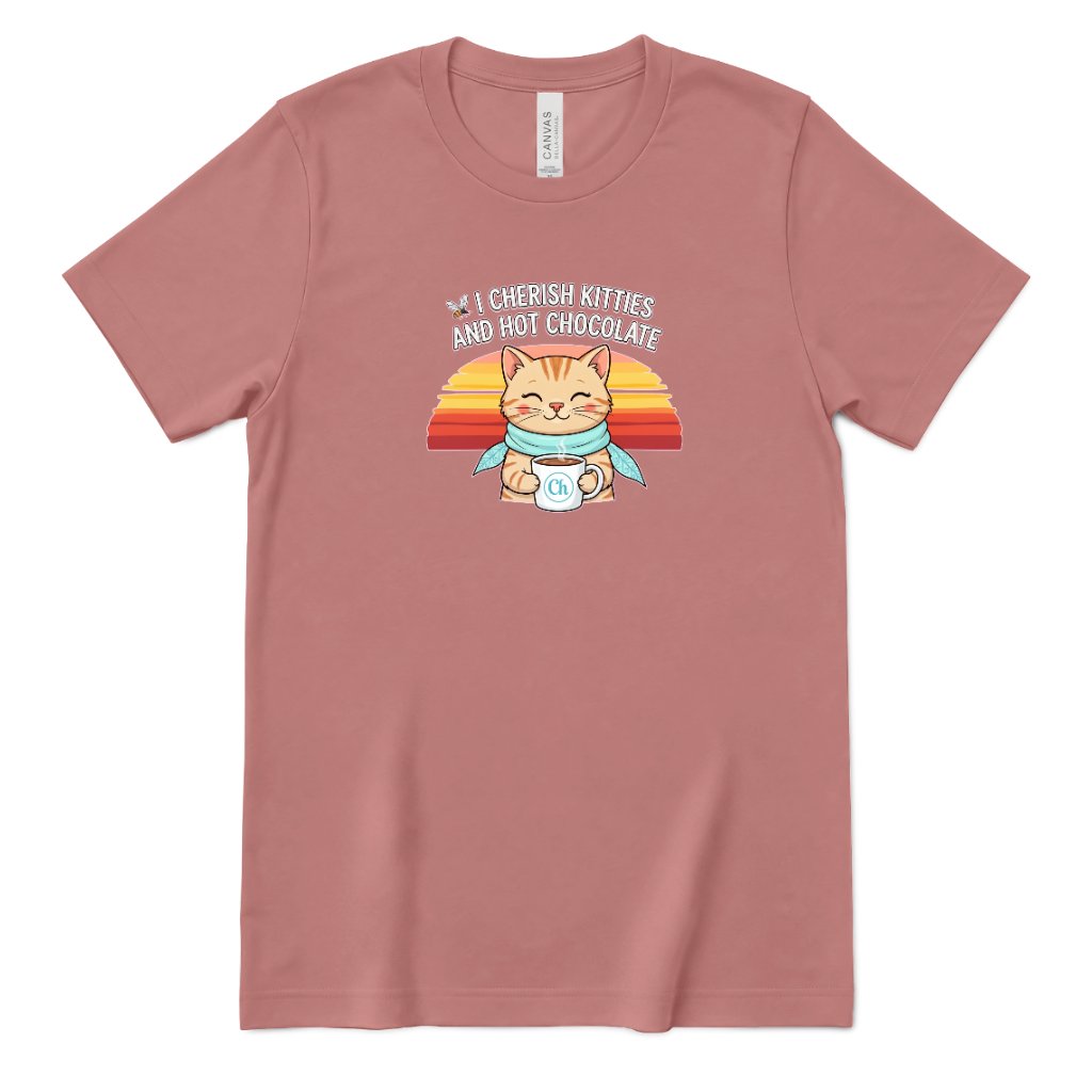 Retro Sunset Cat Tee, Cozy Fall Cat Lover T‑Shirt, Hot Chocolate Graphic Tee, Kitty Owner Gift Top - Mauve Front