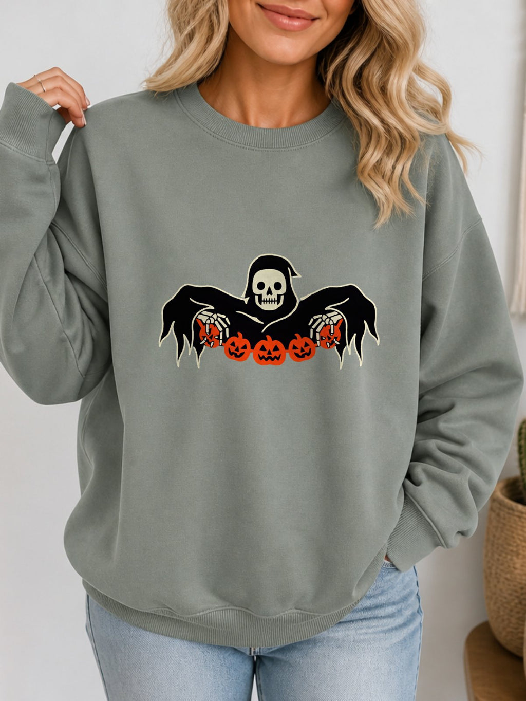 Grim Reaper Pumpkin Vintage Boho Sweatshirt - Hanes_Stonewashed_Green Model