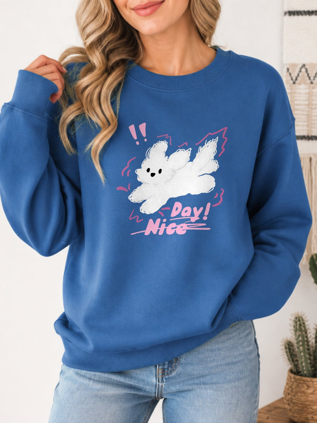 Nice Day Fluffy Puppy Vintage Boho Graphic Sweatshirt - Hanes_Denim_Blue Model
