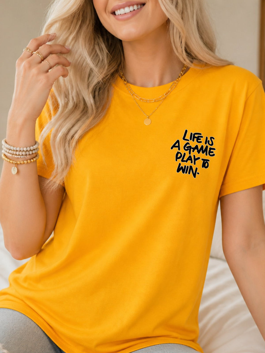 Life Is A Game Play To Win Hand Lettering Graphic T-Shirt - Gold Model