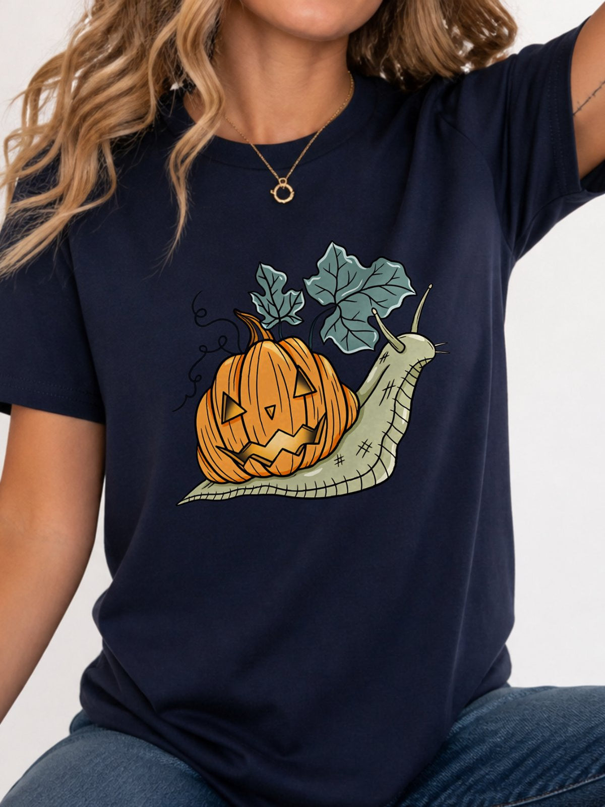 Snail Jack O Lantern Pumpkin Graphic T-Shirt - Navy Model