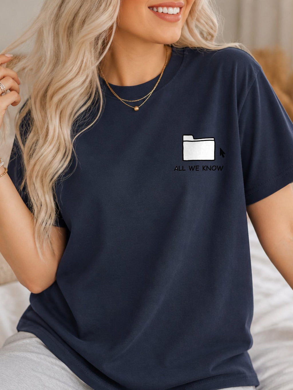 All We Know Folder Doodle Graphic T-Shirt - Navy Model