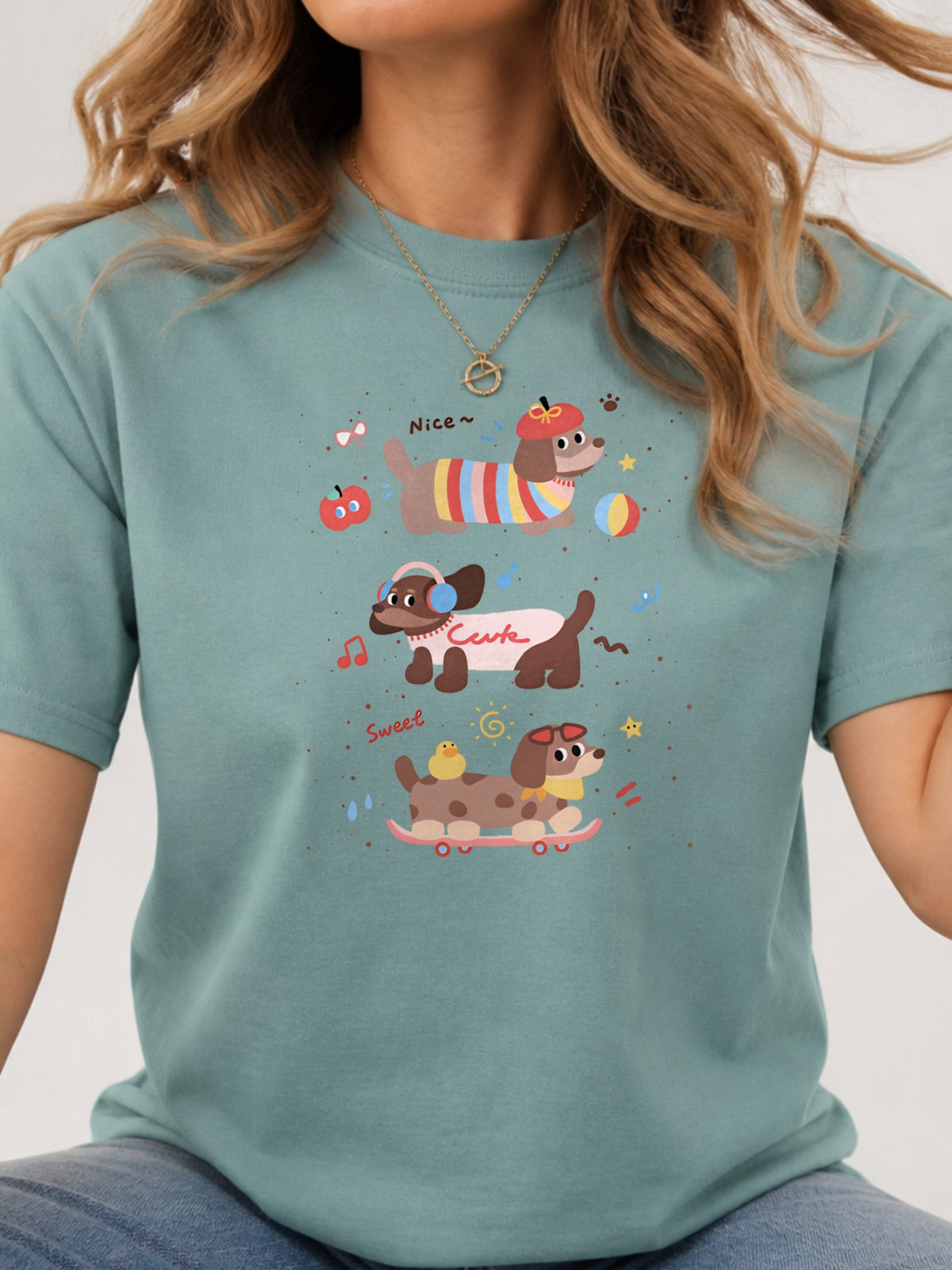 Cute Dachshund Dogs Graphic Tee - Aquatic Model