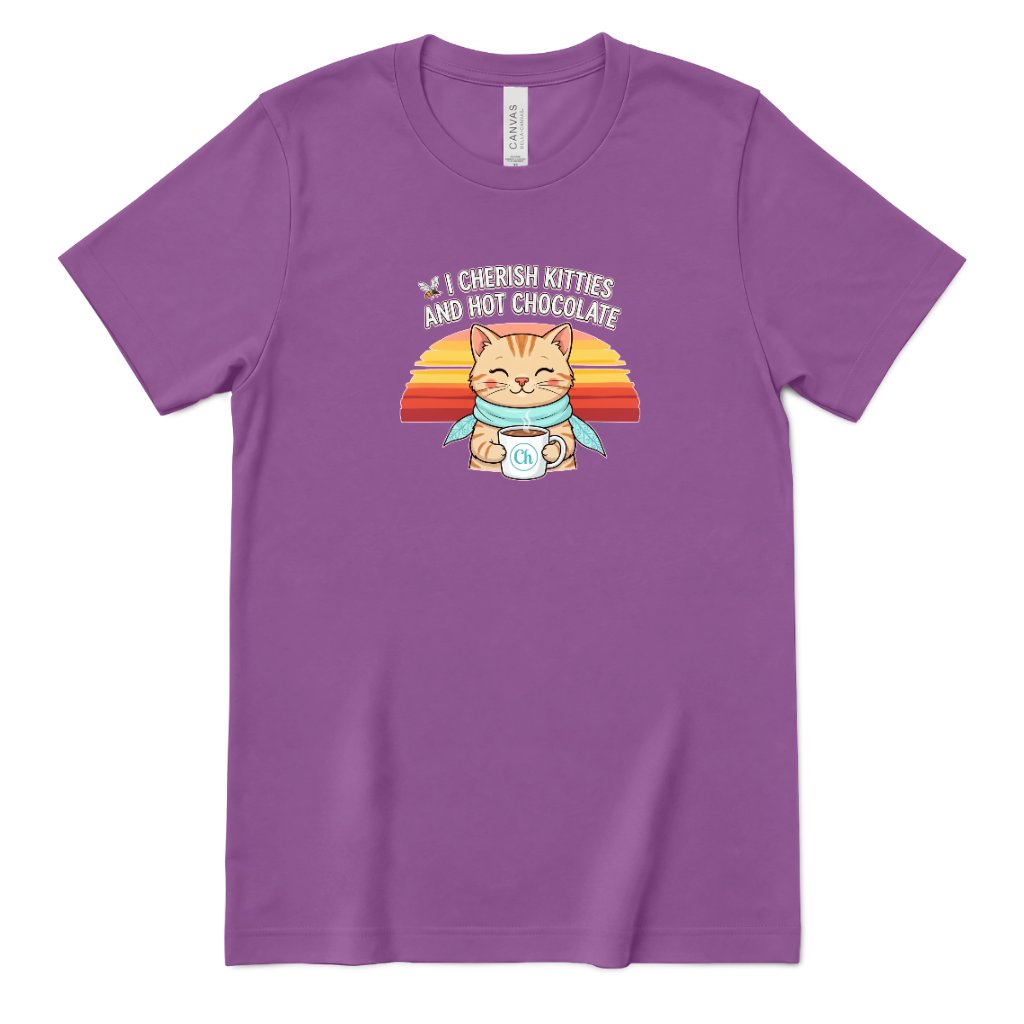Retro Sunset Cat Tee, Cozy Fall Cat Lover T‑Shirt, Hot Chocolate Graphic Tee, Kitty Owner Gift Top - Royal Purple Front