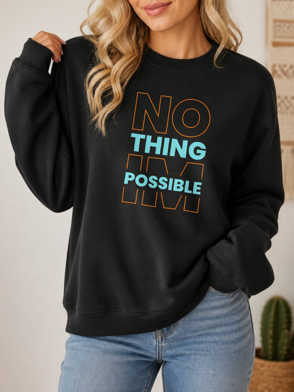 Nothing Impossible Vintage Boho Graphic Sweatshirt - Hanes_Black Model