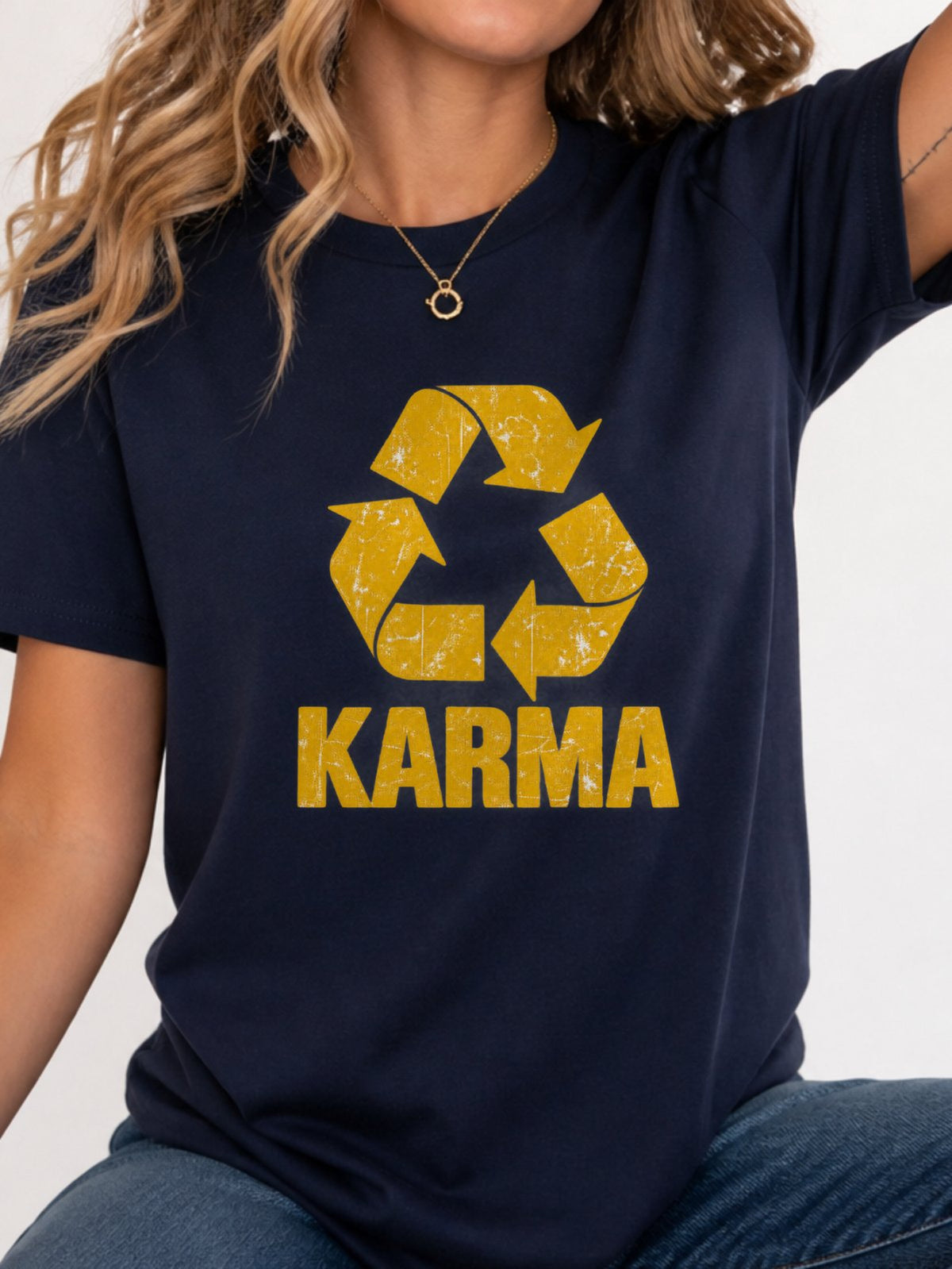 Karma Recycle Symbol Distressed Graphic T-Shirt - Navy Model