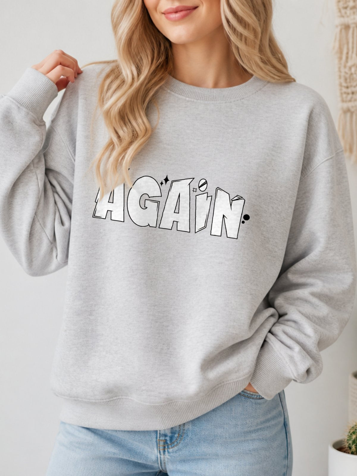 Try Again Vintage Boho Graphic Sweatshirt - Hanes_Ash Model