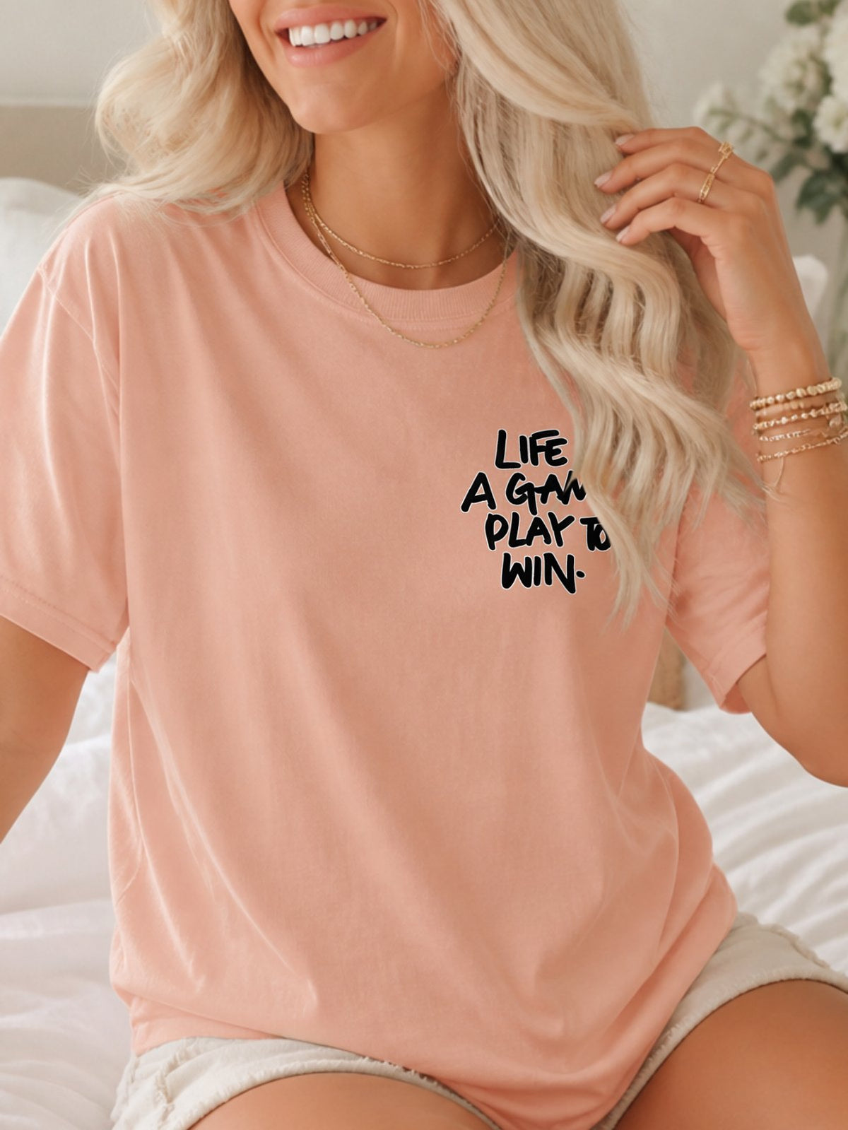 Life Is A Game Play To Win Hand Lettering Graphic T-Shirt - Dusty Rose Model