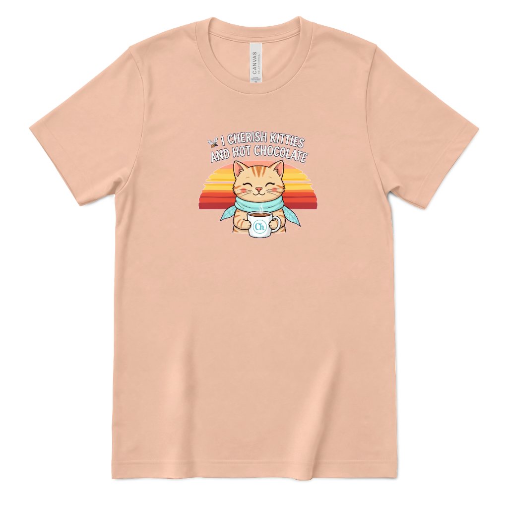 Retro Sunset Cat Tee, Cozy Fall Cat Lover T‑Shirt, Hot Chocolate Graphic Tee, Kitty Owner Gift Top - Peach Front