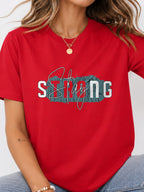 Stay Strong Distressed Script Graphic T-Shirt - Red Model