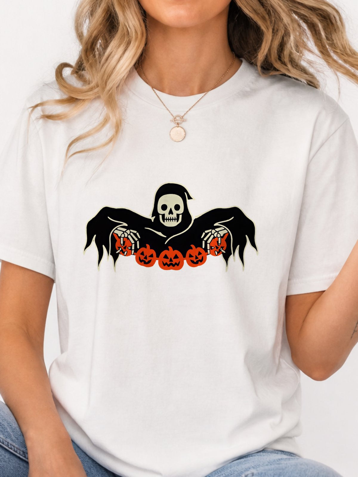 Grim Reaper Skeleton Pumpkin Halloween Tee - White Model