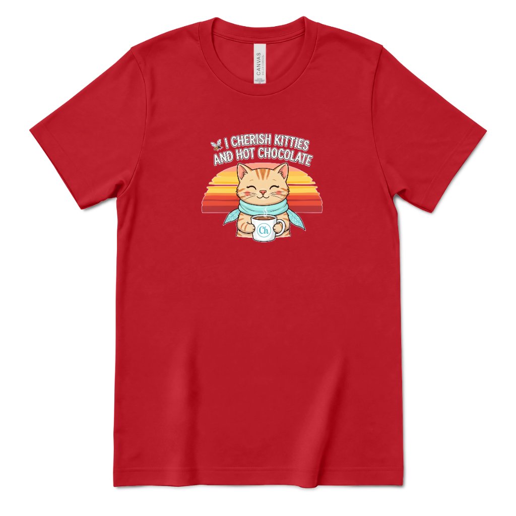 Retro Sunset Cat Tee, Cozy Fall Cat Lover T‑Shirt, Hot Chocolate Graphic Tee, Kitty Owner Gift Top - Canvas Red Front