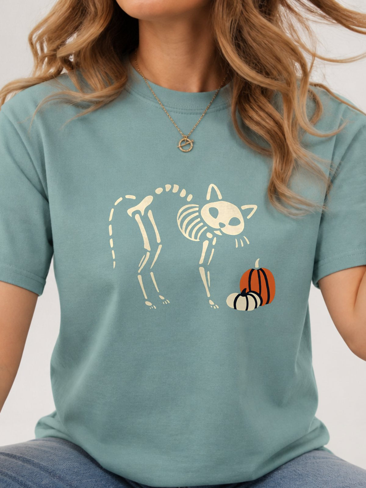 Cat Skeleton Pumpkin Halloween Graphic T-Shirt - Aquatic Model