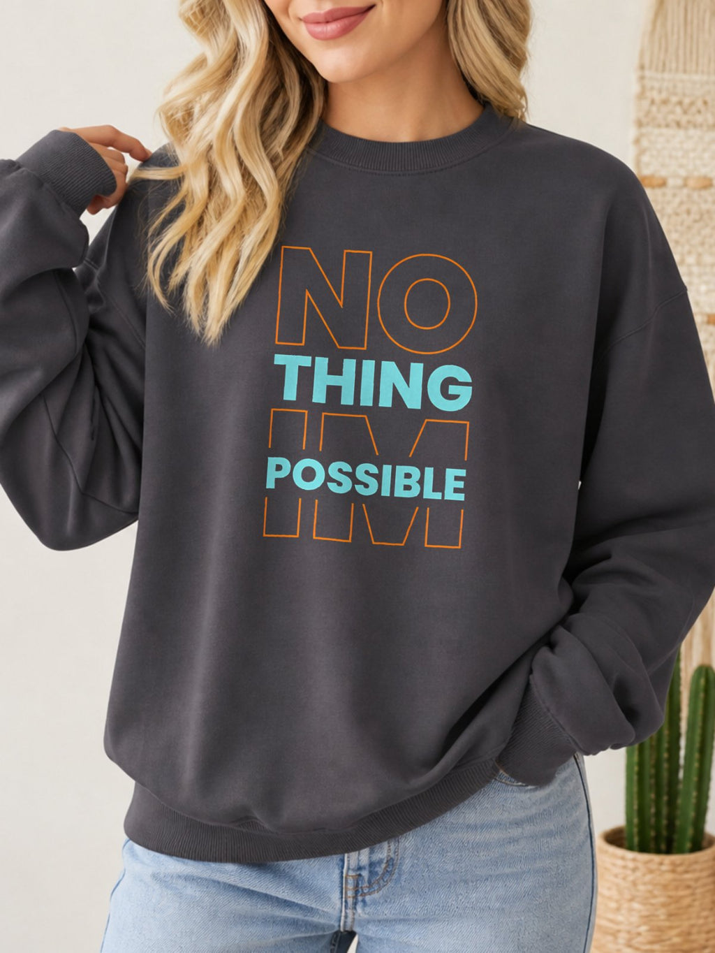 Nothing Impossible Vintage Boho Graphic Sweatshirt - Hanes_Charcoal_Heather Model
