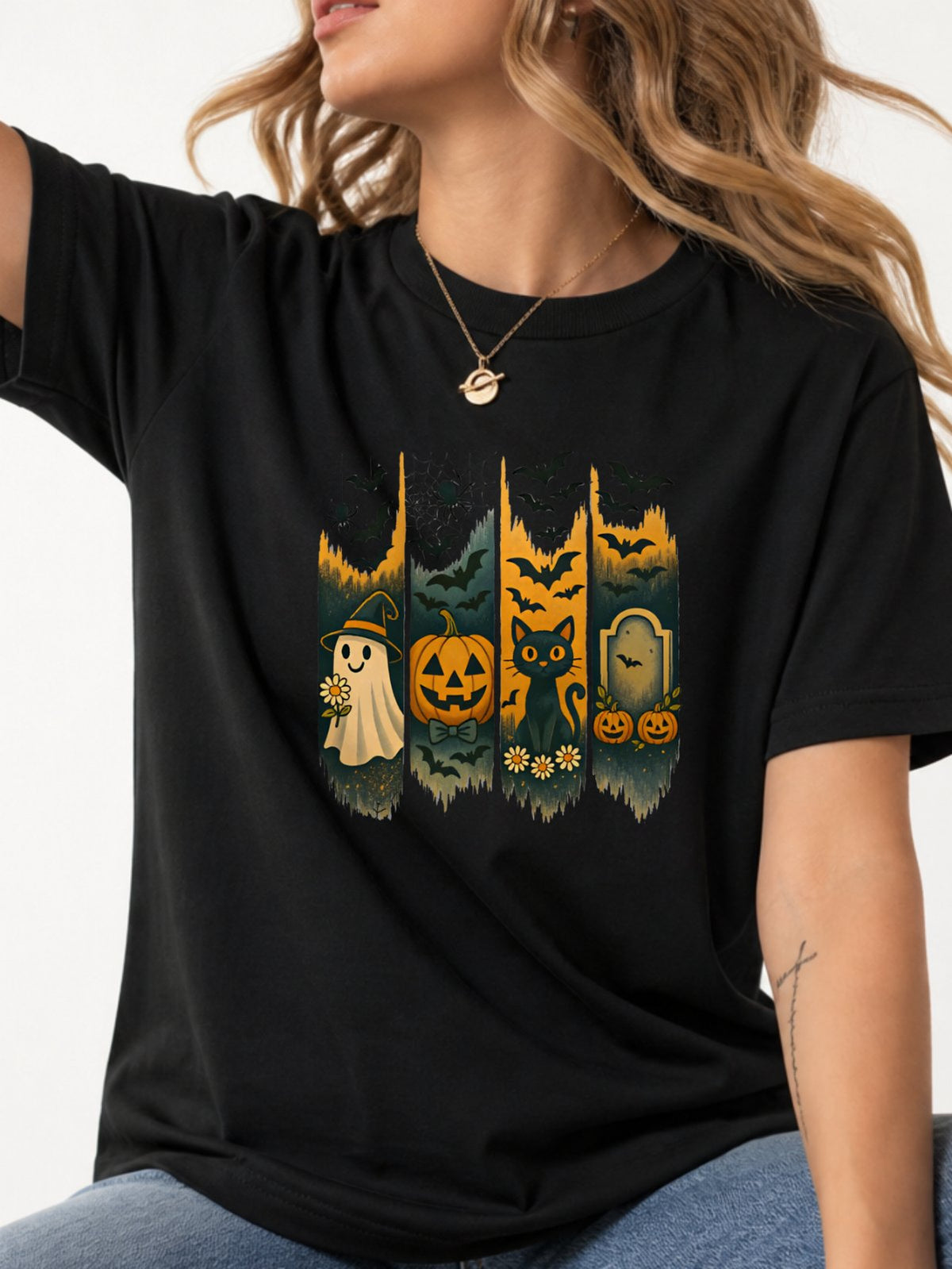 Halloween Ghost Black Cat Pumpkin Bat Graphic T-Shirt - Black Model