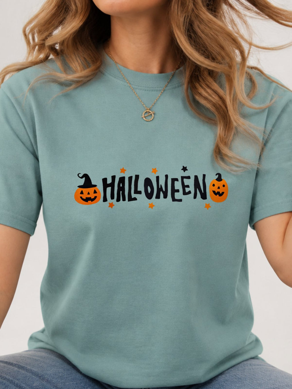 Cute Pumpkin Halloween Letter Graphic T-Shirt - Aquatic Model