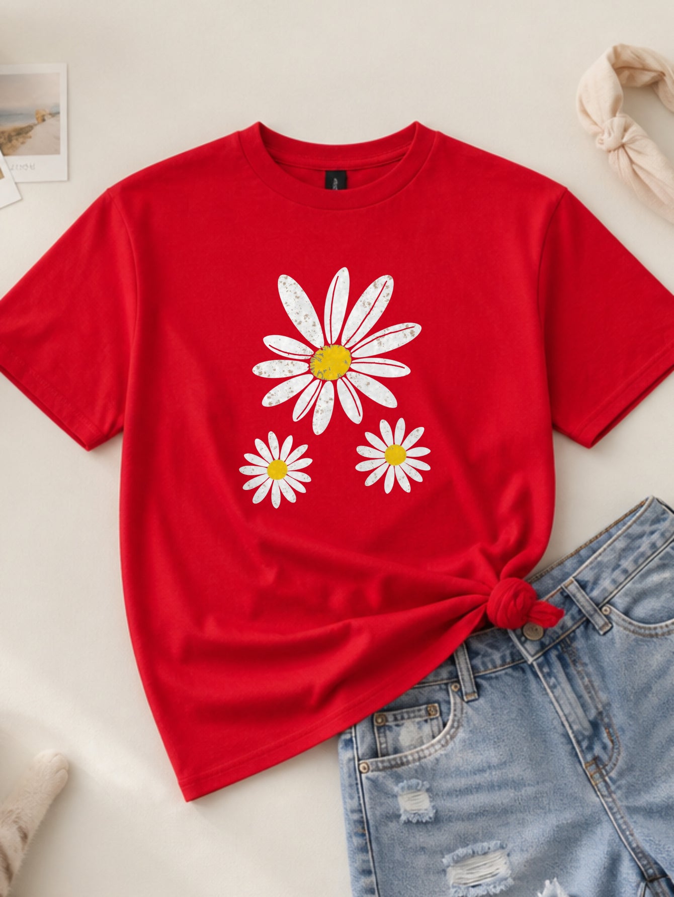 Oversized Graphic T Shirts for Women Men Vintage Washed Unisex Tees, 100% Cotton Drop Shoulder Rustic Texture Three Daisies Retro Soft Casual Streetwear Shirt Tops Crew Neck