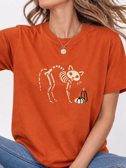 Cat Skeleton Pumpkin Halloween Graphic T-Shirt - Texas Orange Model