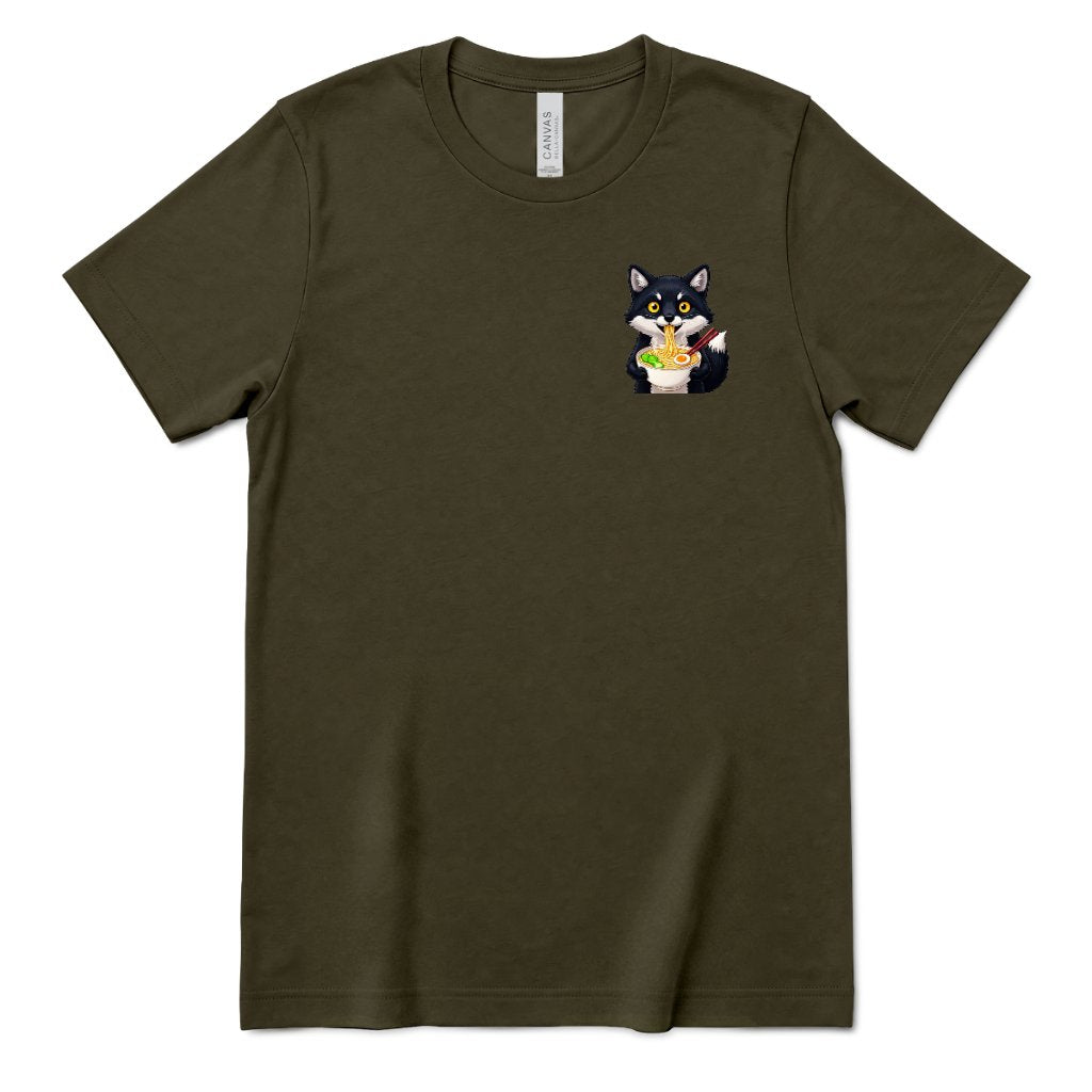 Cute Wolf Eating Ramen Pocket Print Tee, Kawaii Noodle Lover Shirt, Small Graphic T‑Shirt, Anime Food Tee, Casual Minimal Animal Top - Army Front