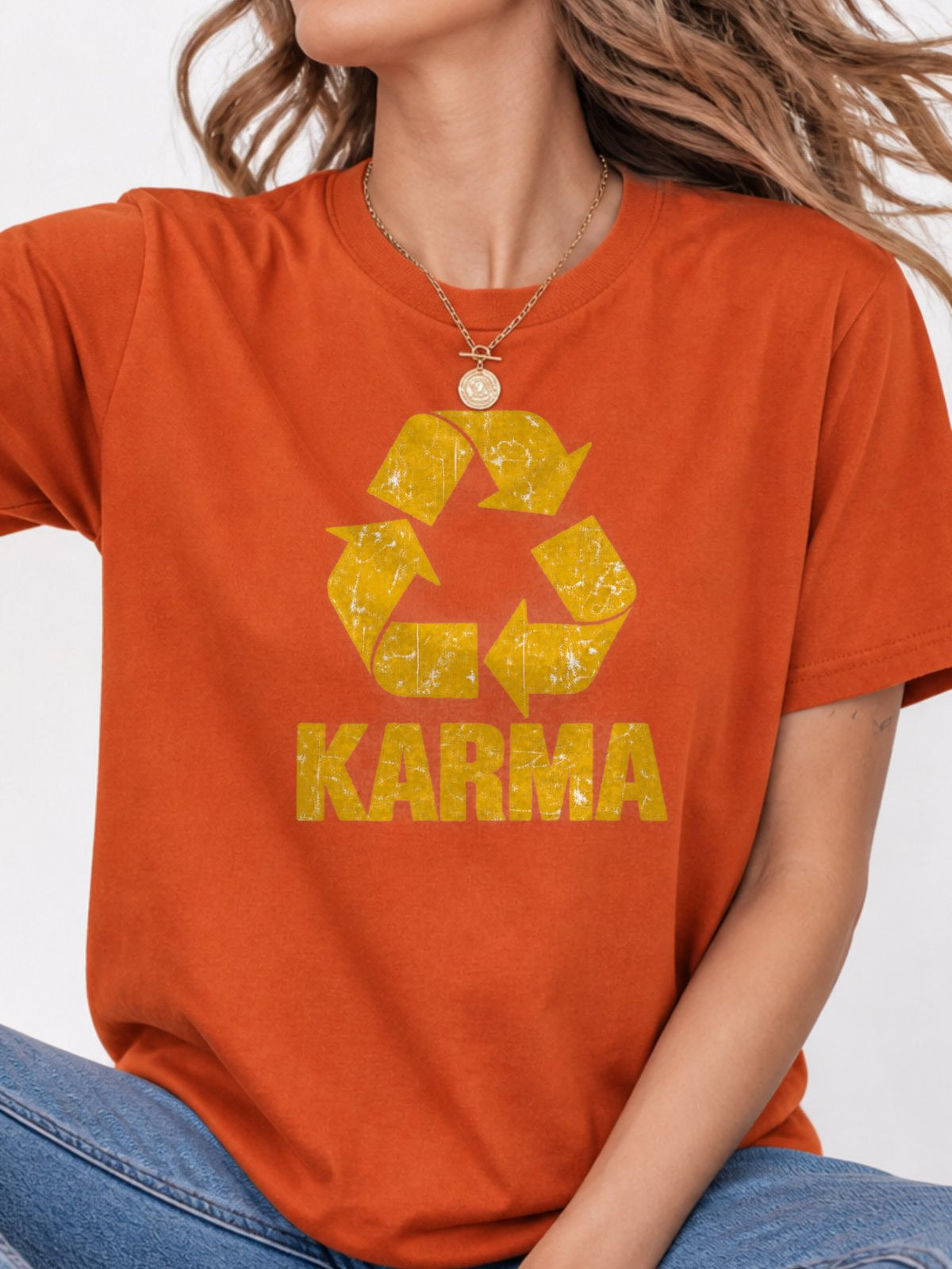 Karma Recycle Symbol Distressed Graphic T-Shirt - Texas Orange Model