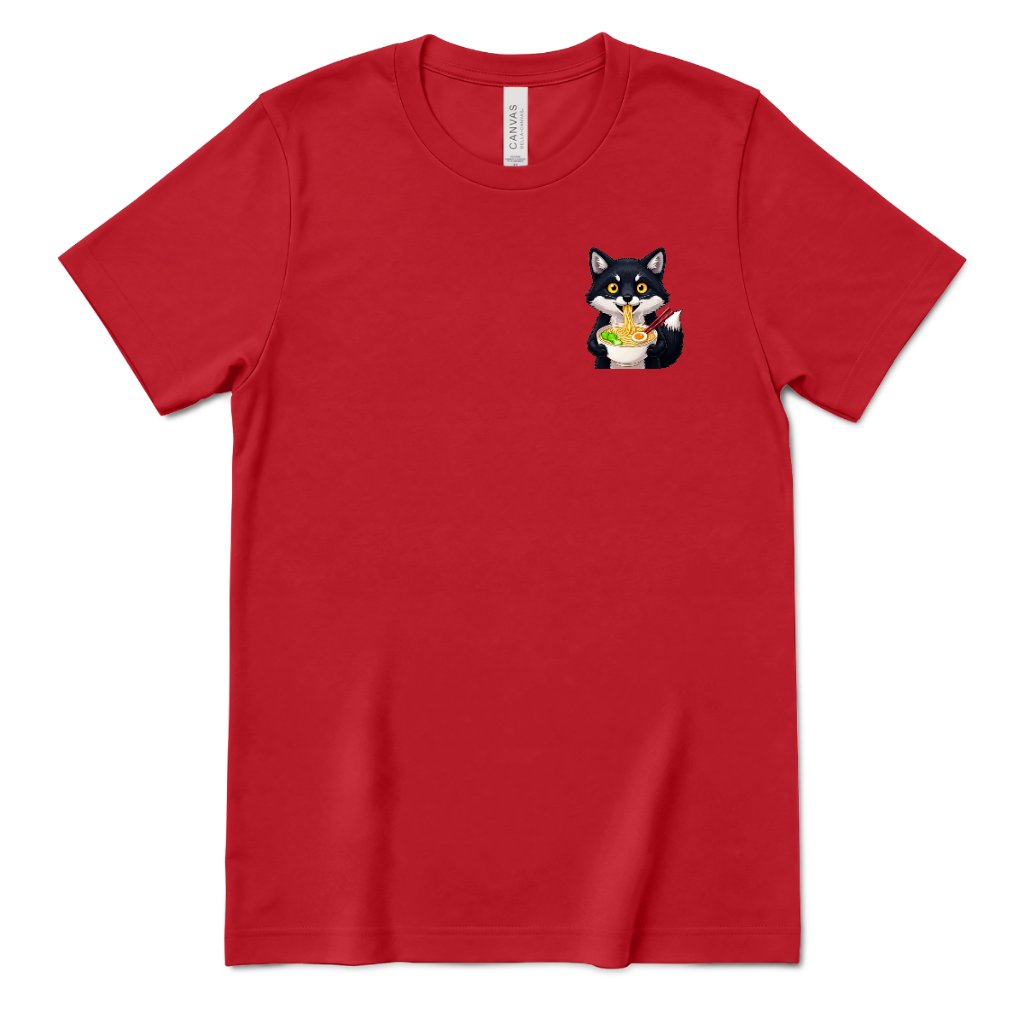 Cute Wolf Eating Ramen Pocket Print Tee, Kawaii Noodle Lover Shirt, Small Graphic T‑Shirt, Anime Food Tee, Casual Minimal Animal Top - Canvas Red Front