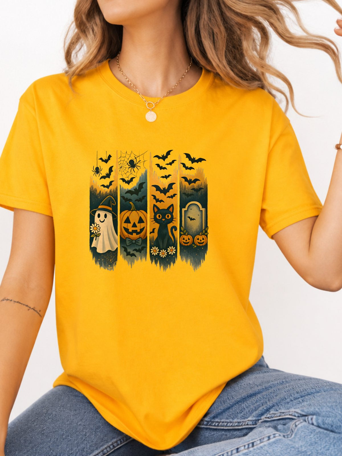 Halloween Ghost Black Cat Pumpkin Bat Graphic T-Shirt - Gold Model