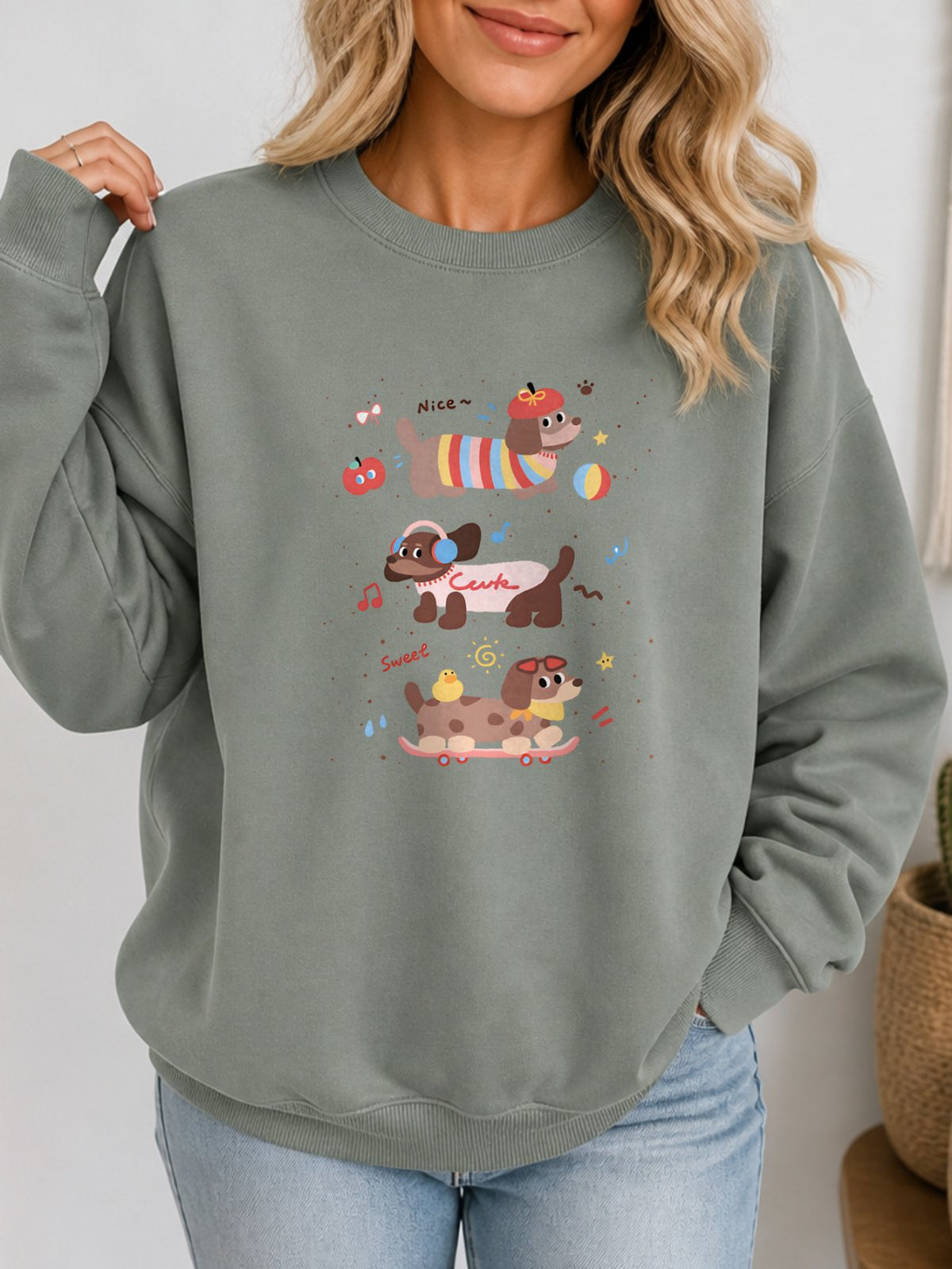 Cute Dachshund Dog Vintage Boho Graphic Sweatshirt - Hanes_Stonewashed_Green Model