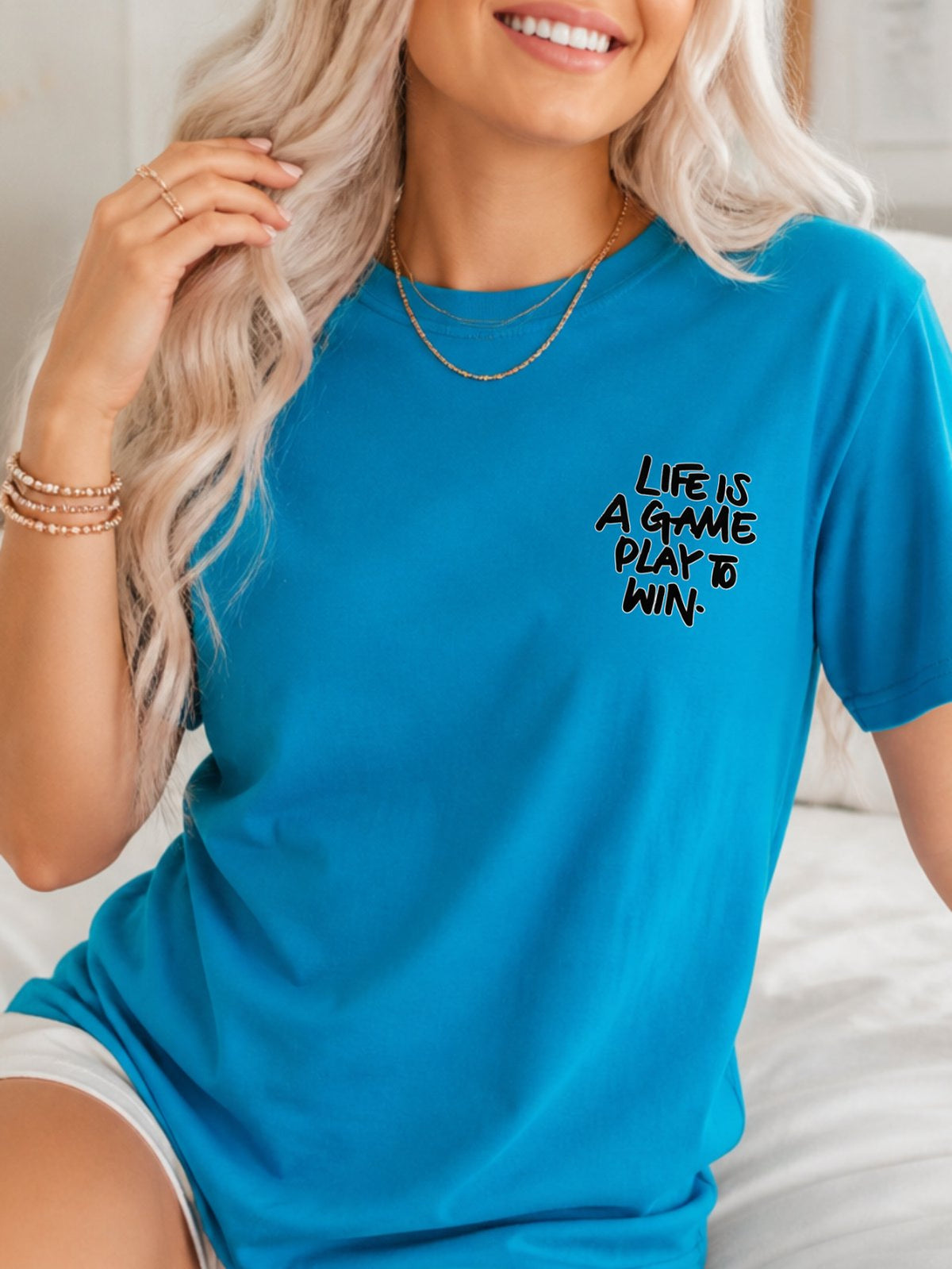 Life Is A Game Play To Win Hand Lettering Graphic T-Shirt - Sapphire Model