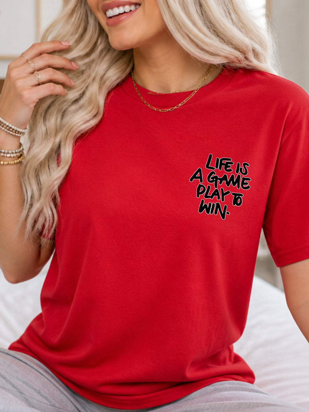 Life Is A Game Play To Win Hand Lettering Graphic T-Shirt - Red Model