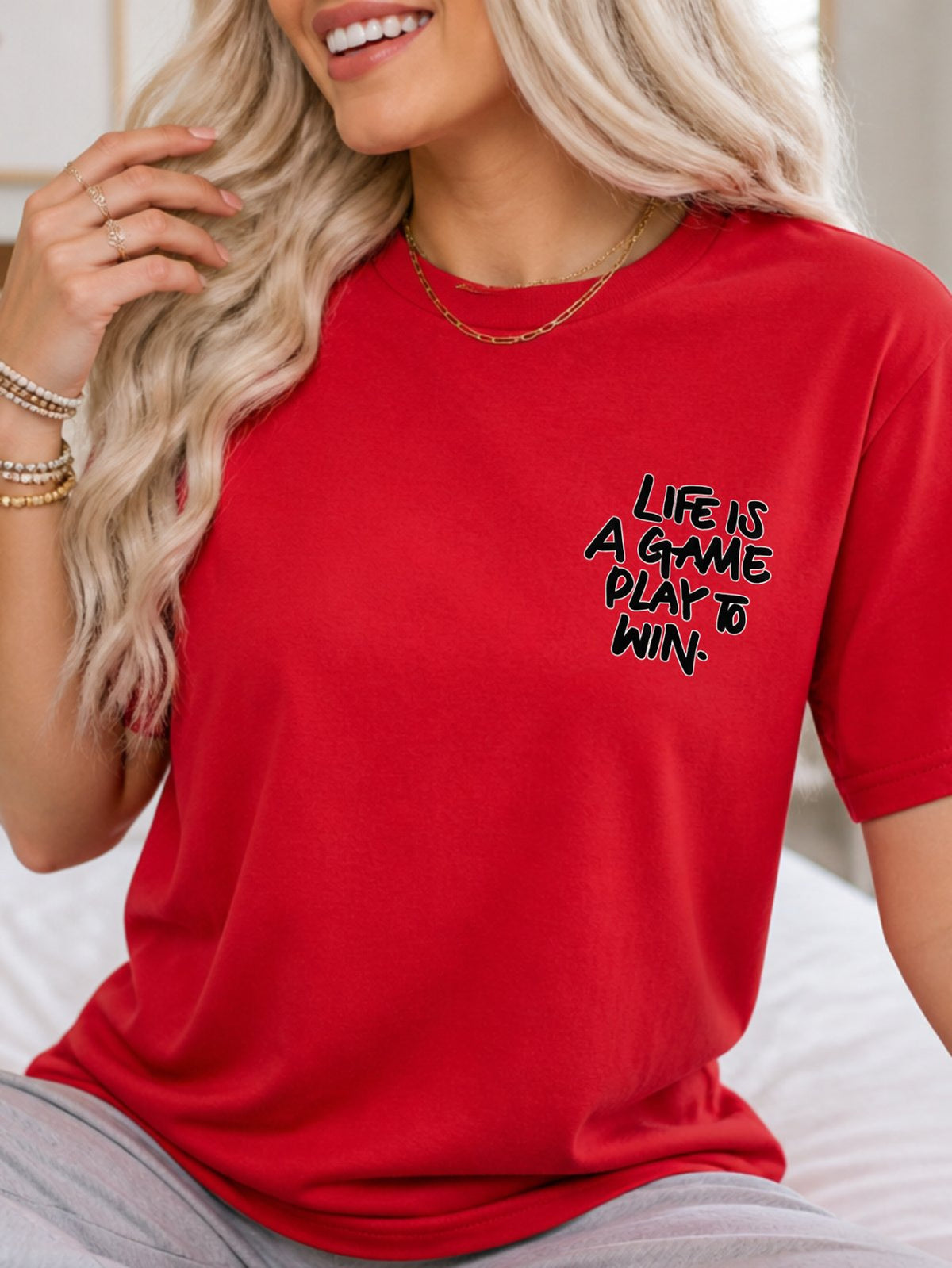Life Is A Game Play To Win Hand Lettering Graphic T-Shirt - Red Model