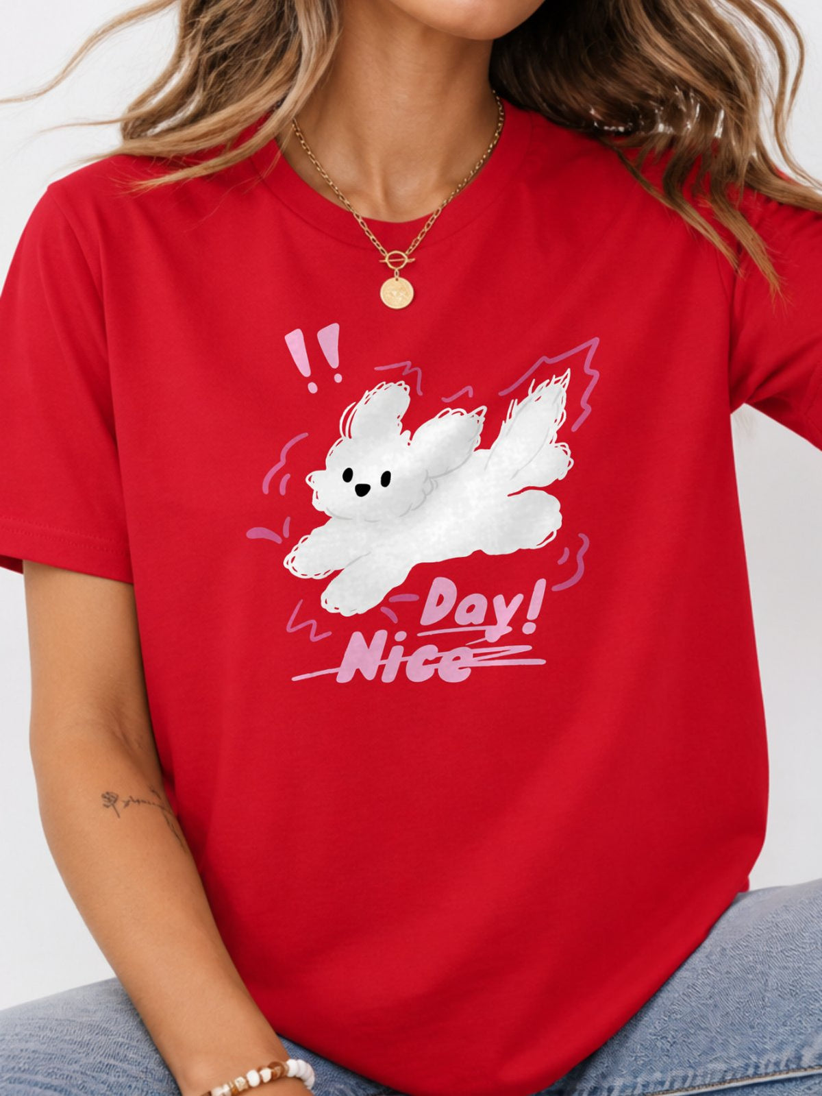 Nice Day Fluffy Dog Graphic T-Shirt - Red Model