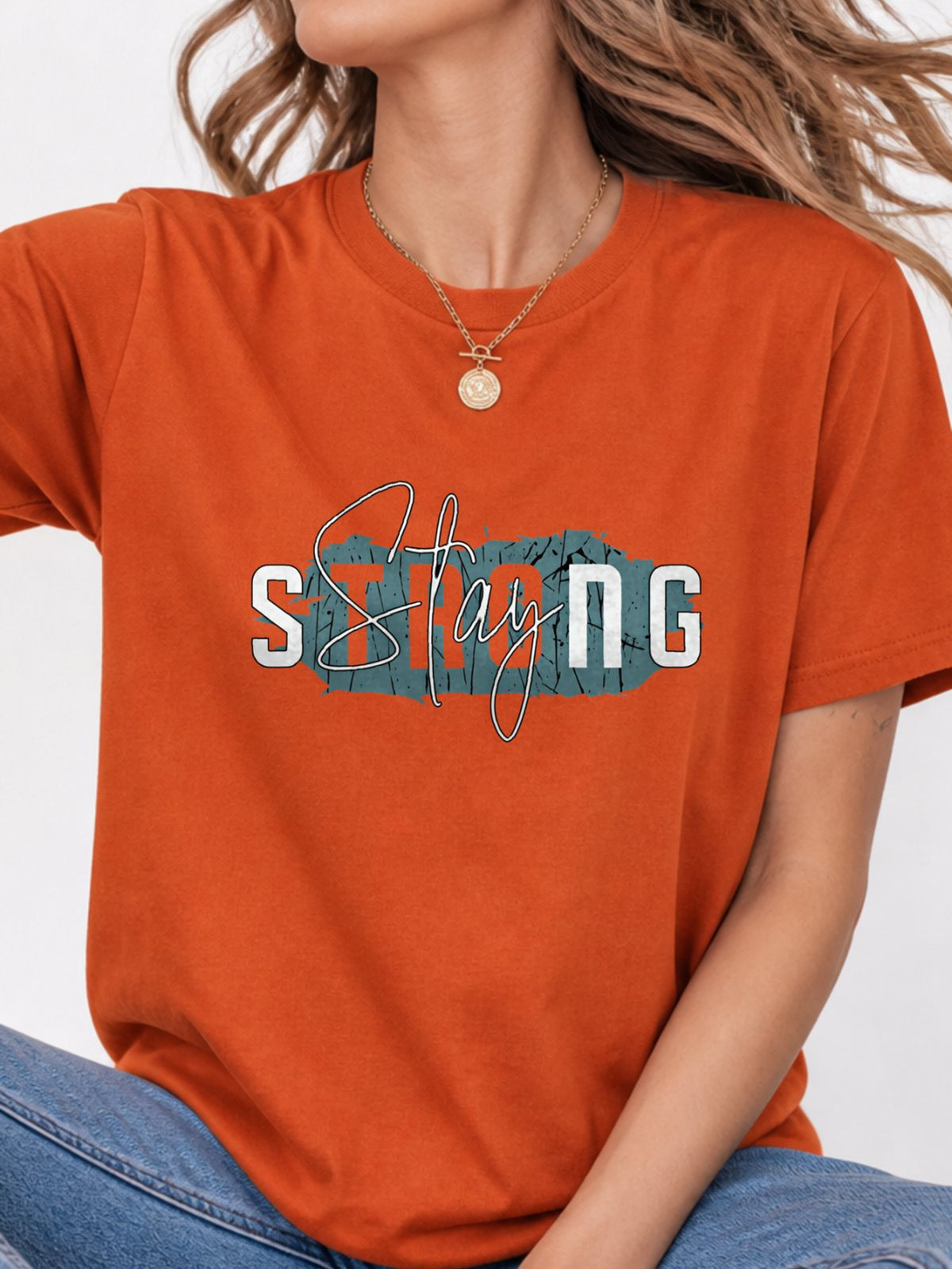 Stay Strong Distressed Script Graphic T-Shirt - Texas Orange Model